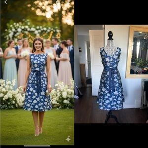 Designer Jacques Vert Jacquard Belted Fit and Flare Midi Dress. Size 14.